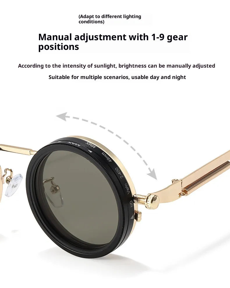 Rivaura™ Manual ND Adjustable Steampunk Sunglasses – 1–9 Gear Rotating Lens • UV Protection