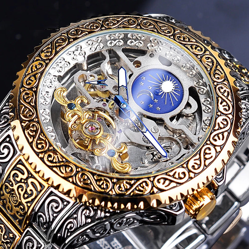 RIVAURA Premium Vintage Skeleton Engraved Mechanical Watch - Moon - Phase Edition